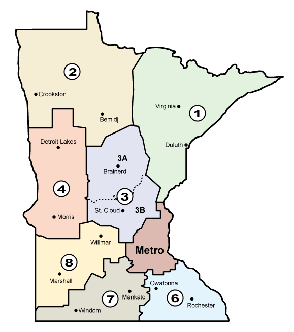 A graphic map of Minnesota with borders showing the eight regions or districts of MnDOT