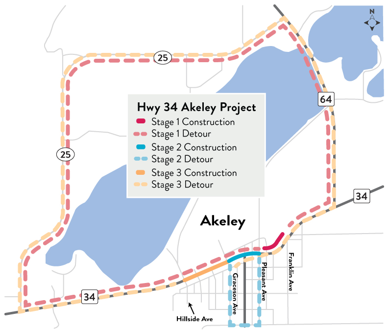 Project staging map Detour map showing the construction staging. Highway 64 and County 25 will be used as the detour for all three stages.