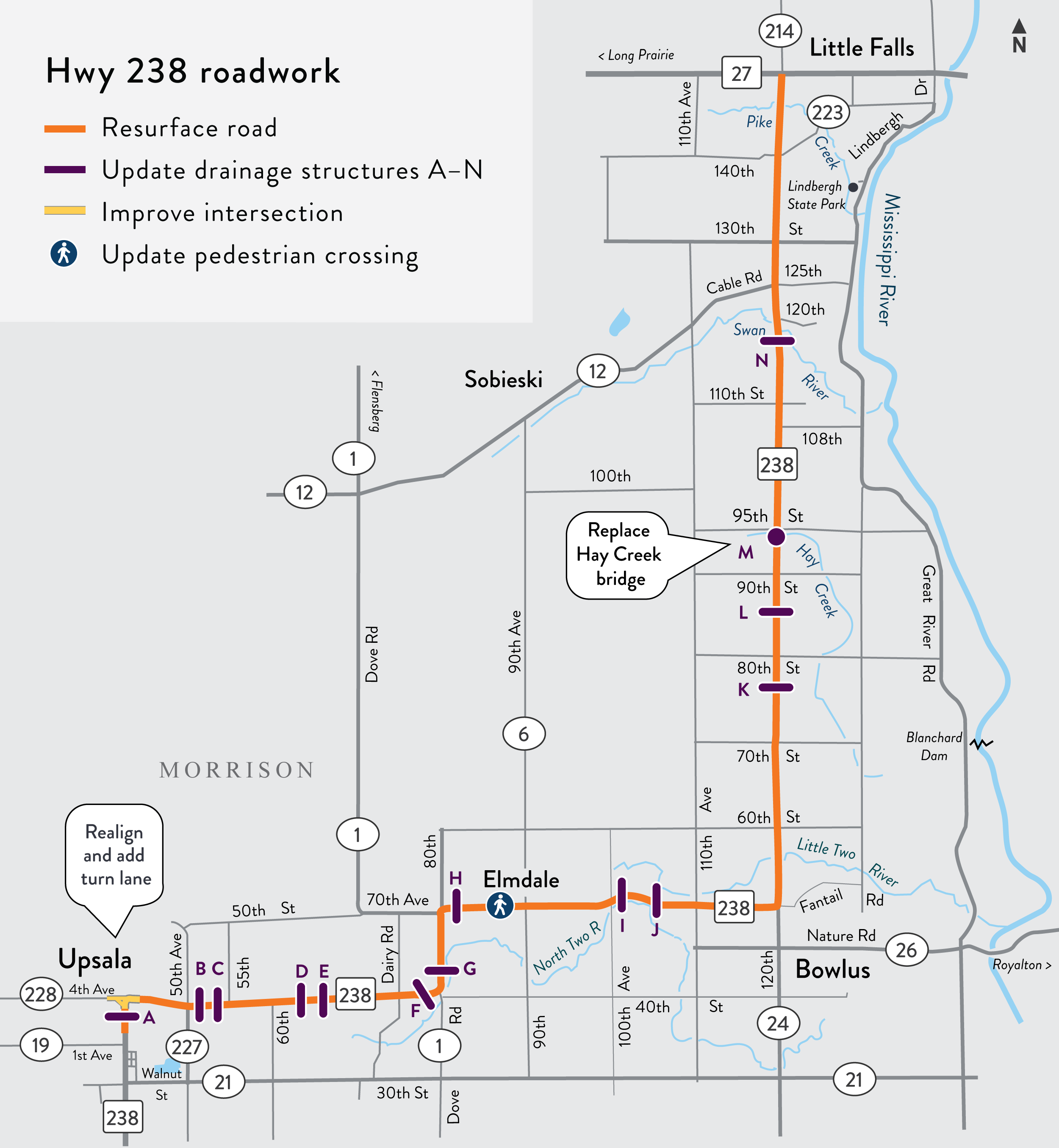 Hwy 23 current work zone map Work location map on Hwy 238 Upsala to Little Falls