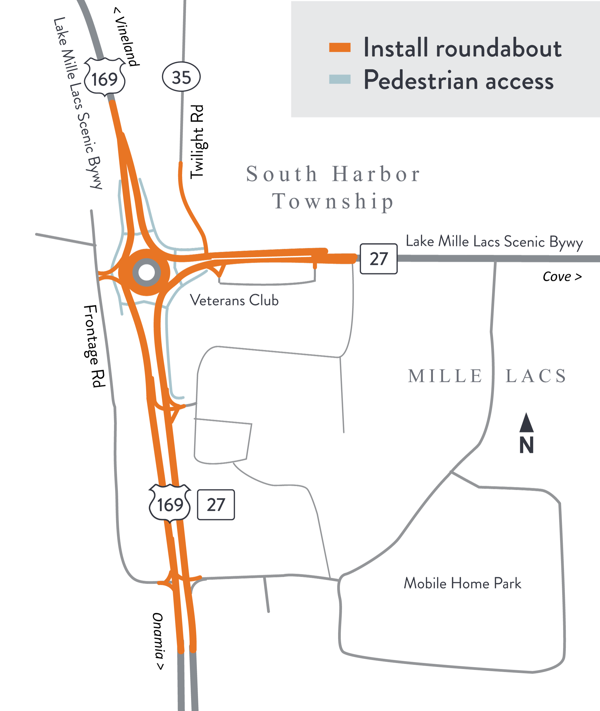 Project roundabout location map Project map showing four-leg roundabout at Hwy 169, Hwy 27 and frontage road in South Harbor Township