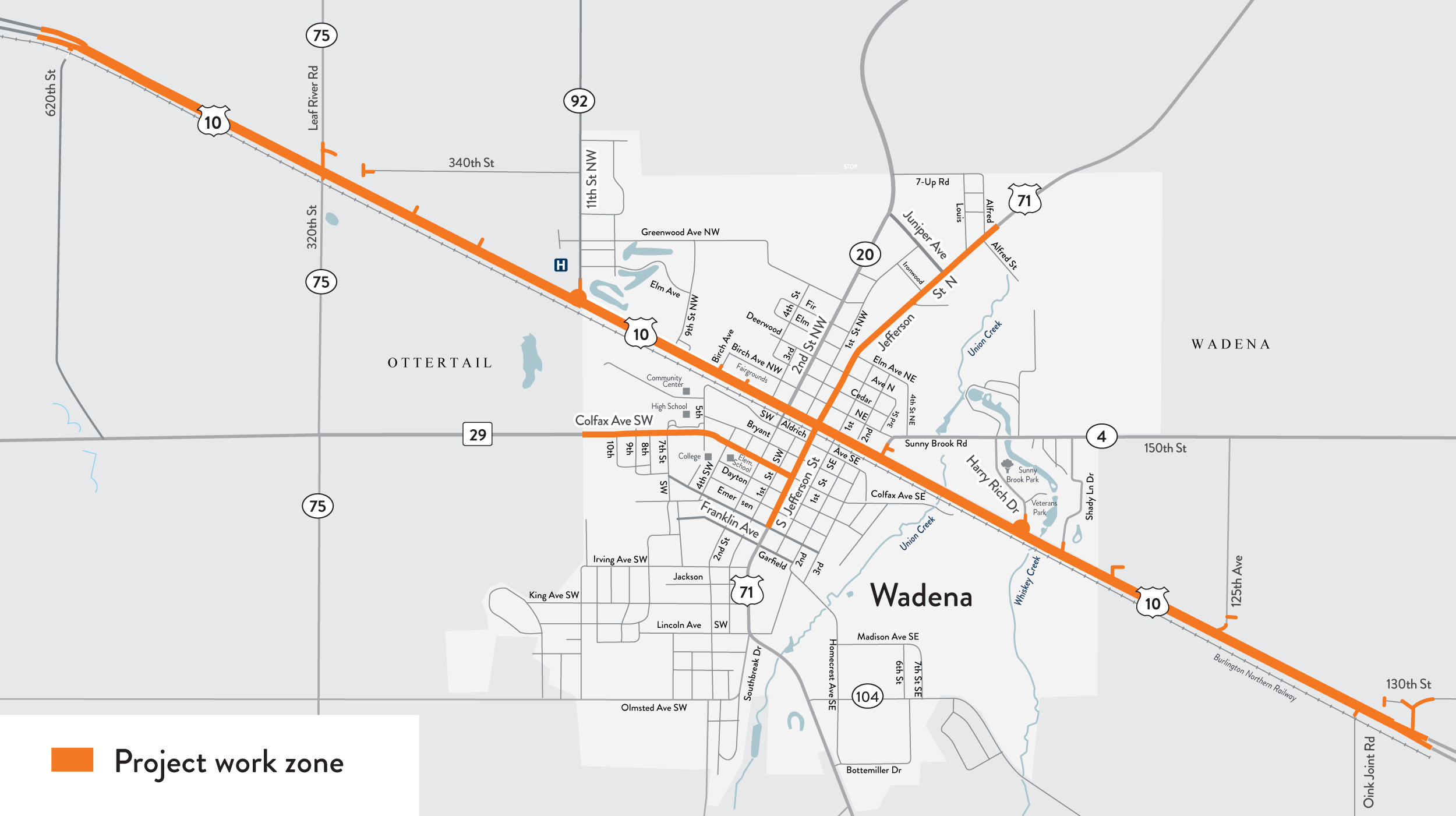 Project work zone map Project work areas on Hwy 10, 29 and 71 in Wadena.