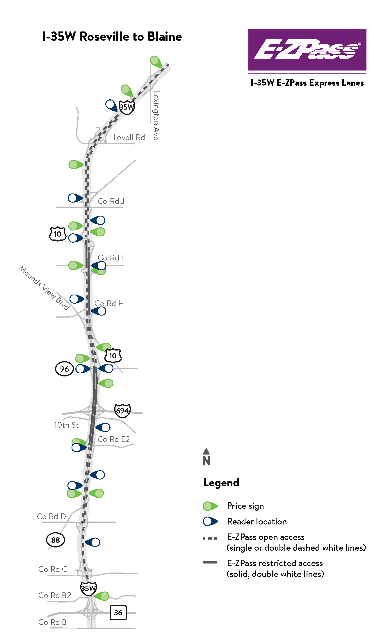 I-35W E-ZPass express lane map from Roseville to Blaine