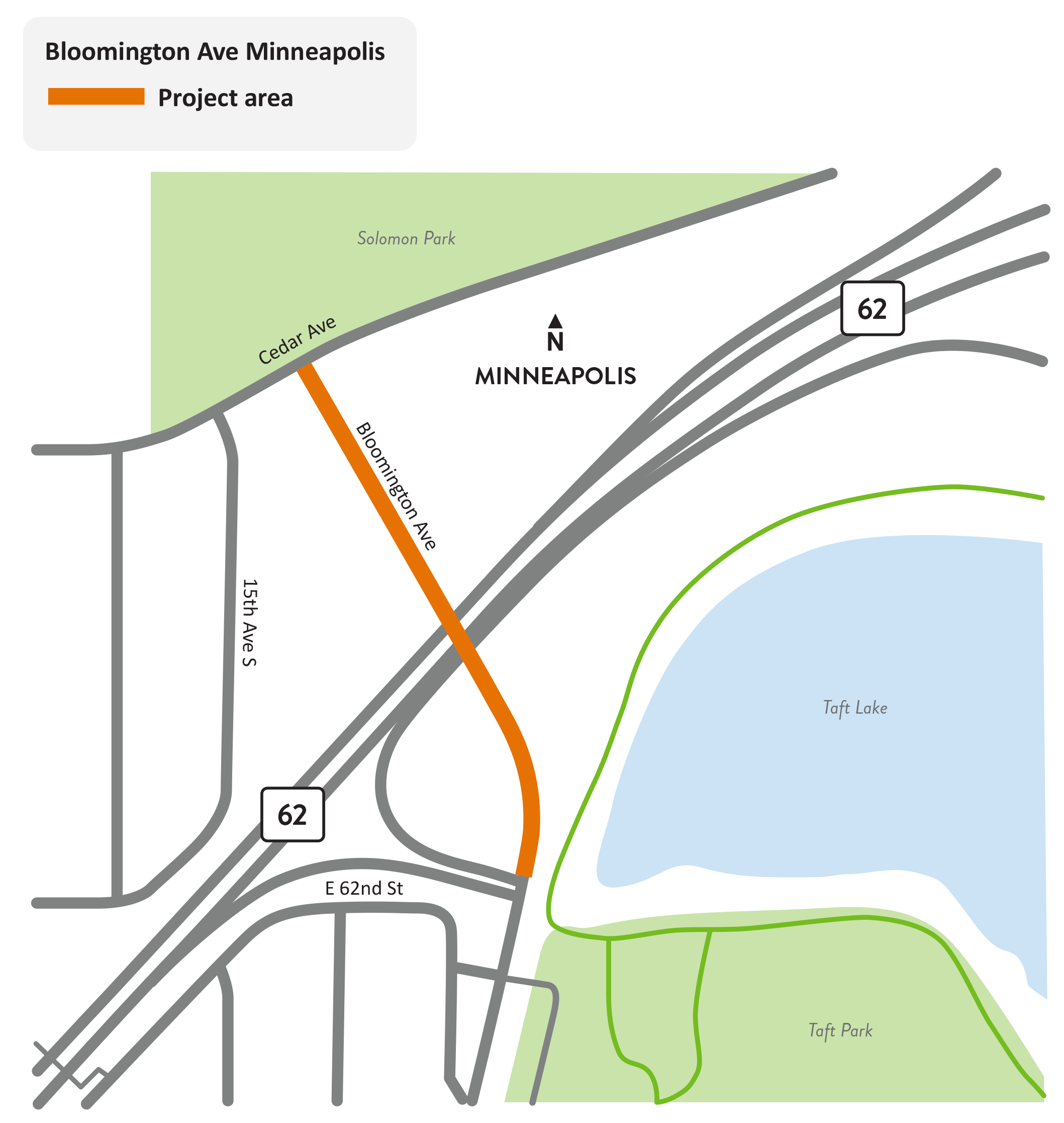 Bloomington Avenue between East 60th Street/Cedar Avenue and the ramps to/from eastbound Highway 62 in Minneapolis project location map