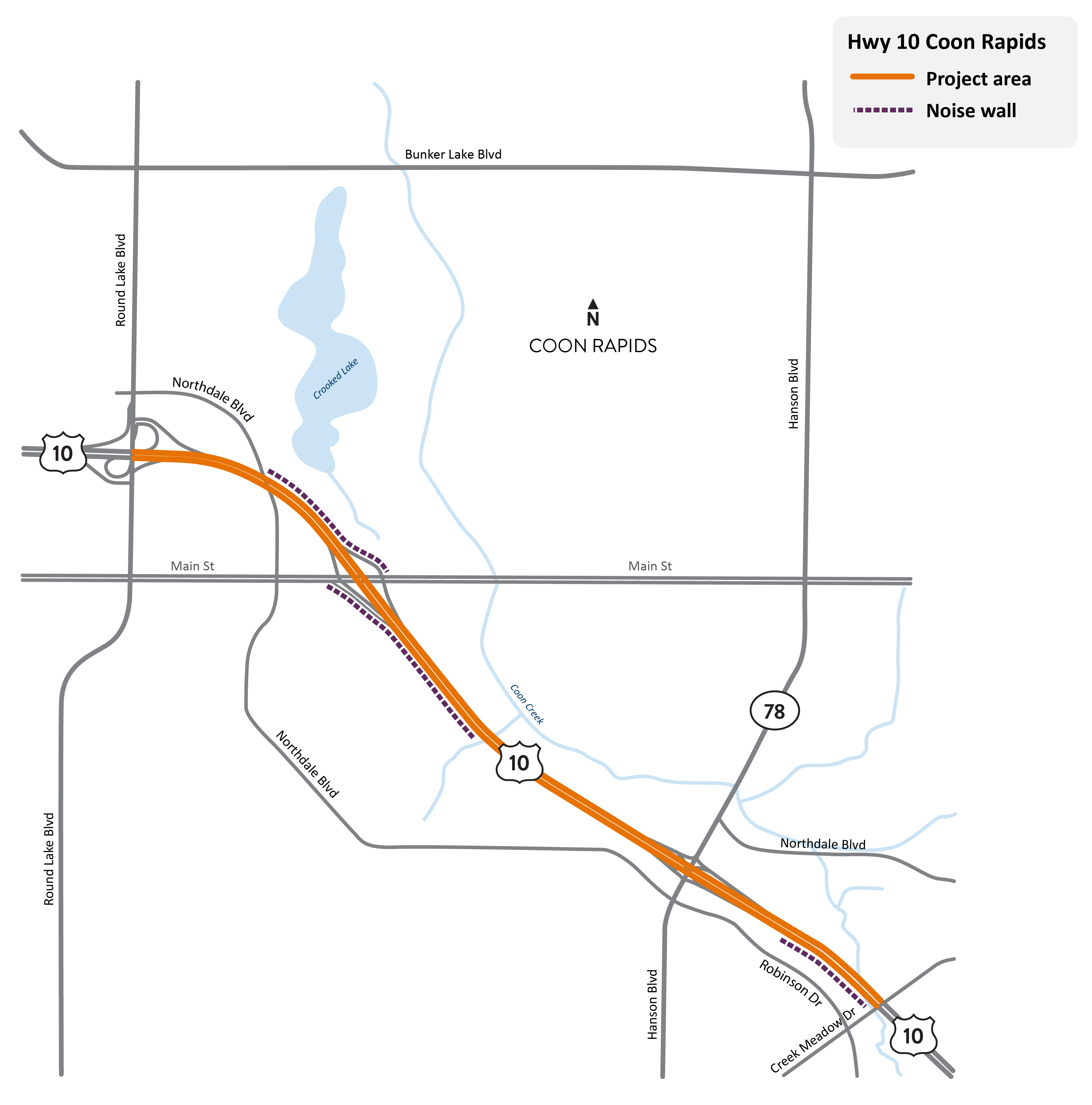 Highway 10 from Hanson Boulevard to Round Lake Boulevard in Coon Rapids project location map