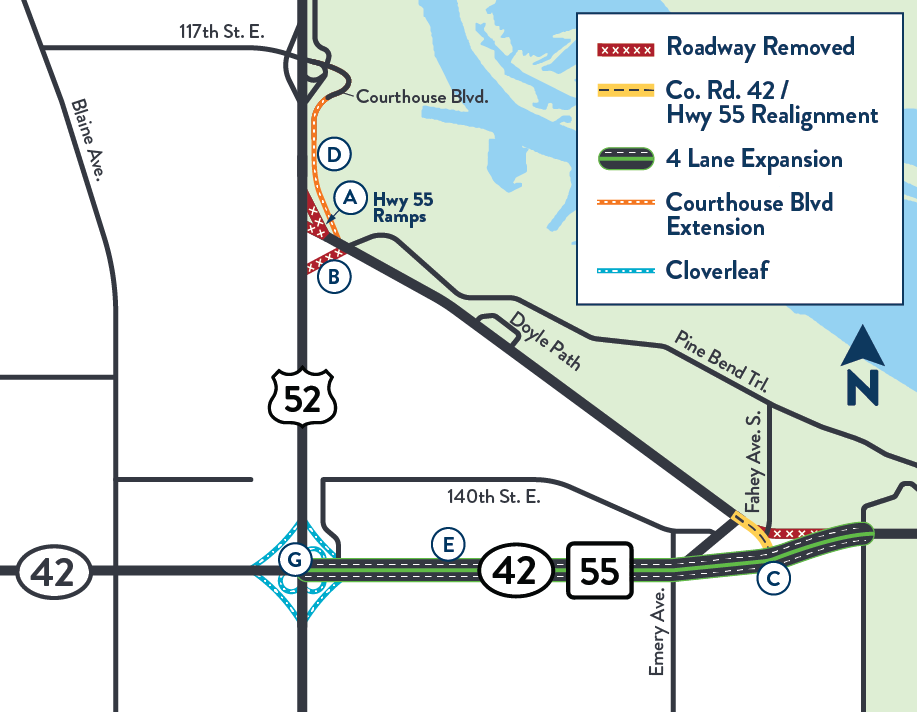 Map of the study area showing scenario 3 concepts including roadway removal, county road 42/highway 55 realignment, four lane expansion, courthouse boulevard extension and cloverleaf