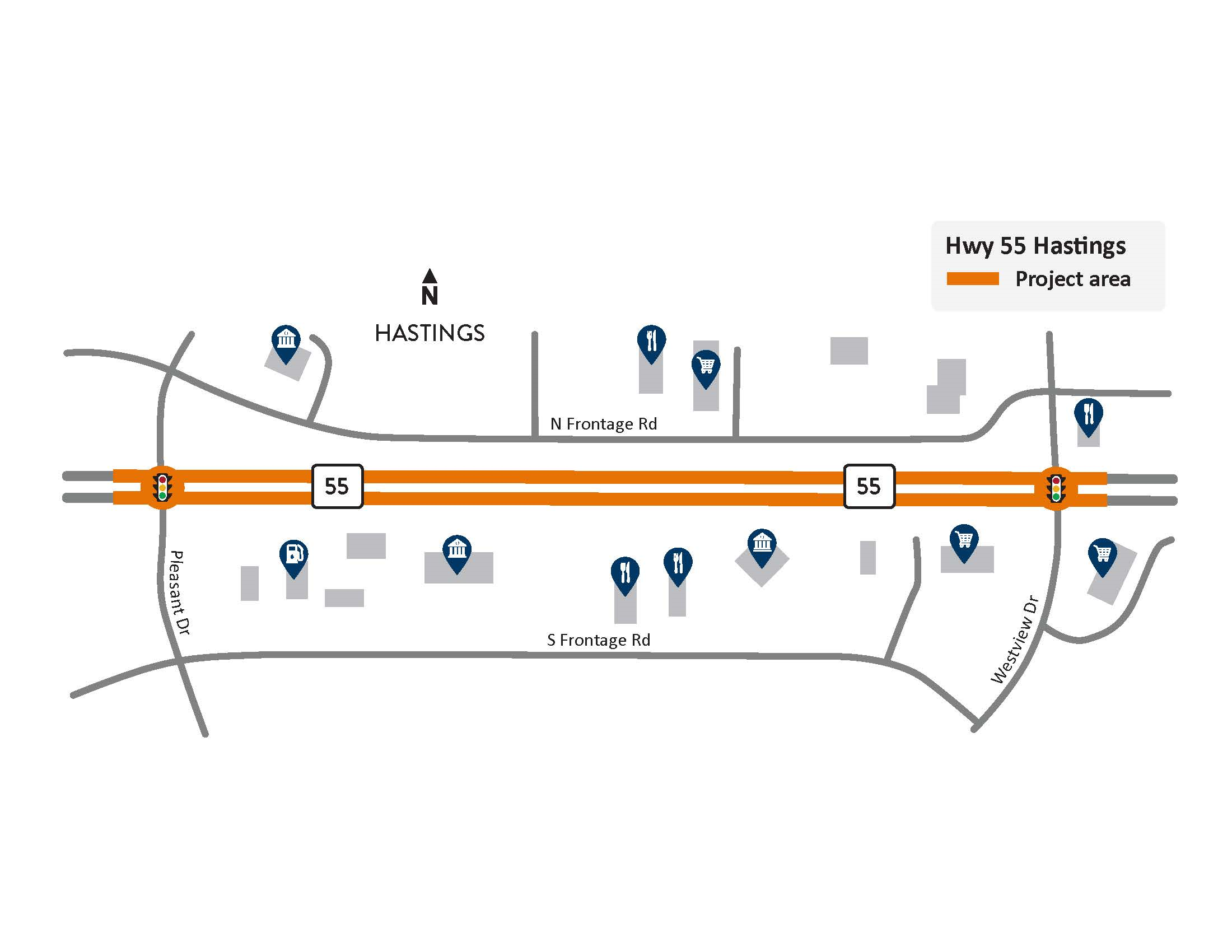 Highway 55 between Pleasant Drive and Westview Drive in Hastings project location map