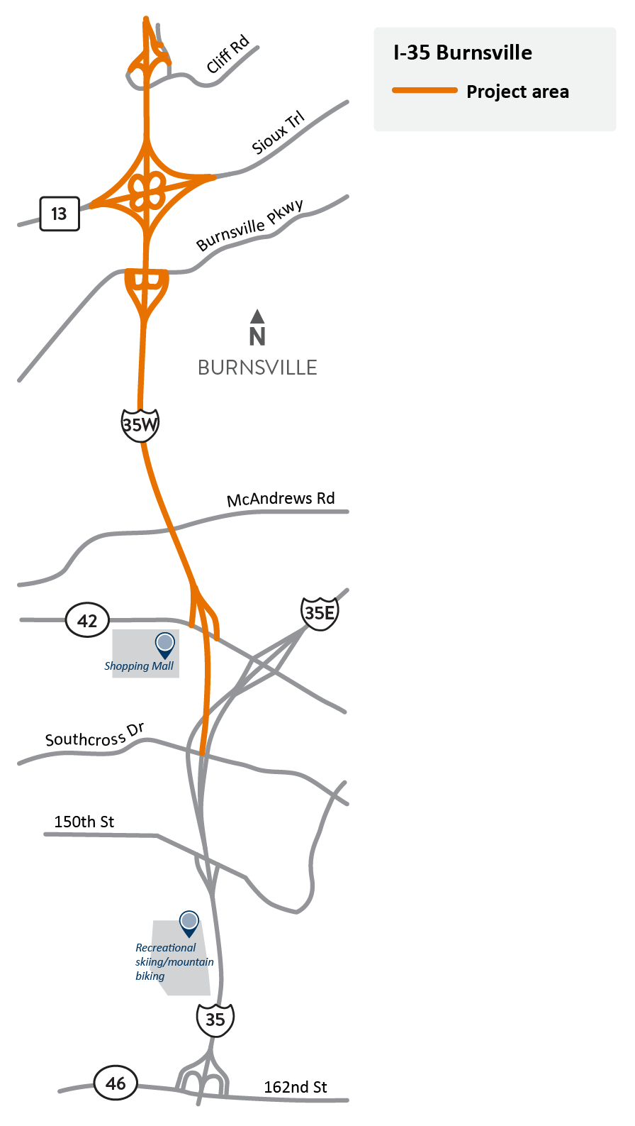 I-35W between Cliff Road and the I-35/35W/35E split in Burnsville project location map