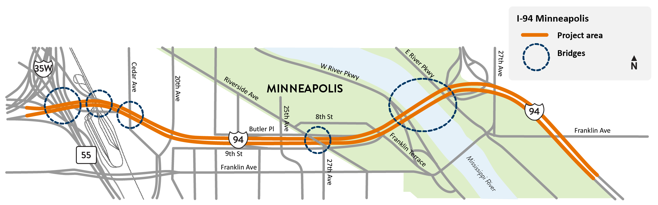 -94 between East River Pkwy./Franklin Ave. and just west of Hwy 55/Hiawatha Ave./I-35W project area map.