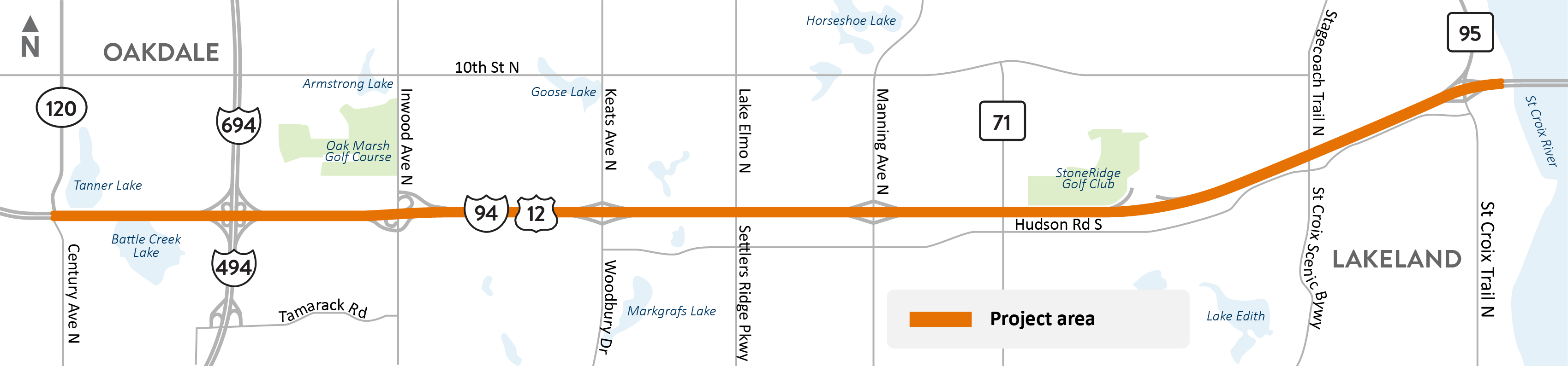 I-94 between Hwy 120/Century Avenue and the St. Croix River project area map.