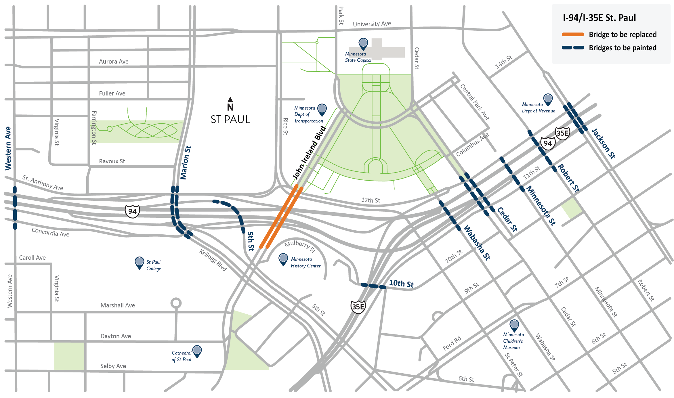 John Ireland Boulevard bridge over I-94 between Kellogg Boulevard and Rice Street in Saint Paul and bridges over I-94 and I-35E project locations map