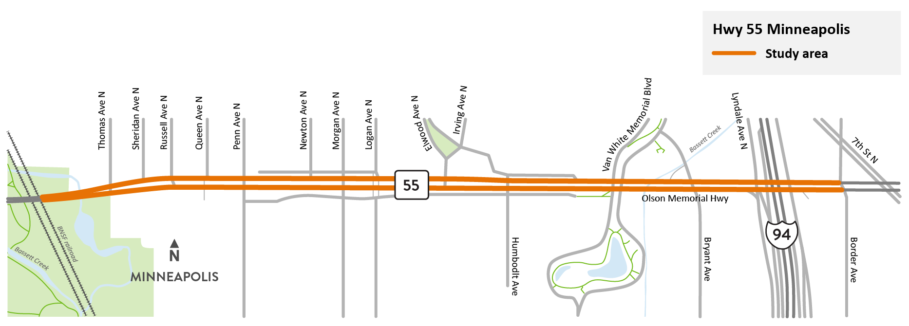 Highway 55/Olson Memorial Highway between Border Ave. and the bridge west of Thomas Ave. in Minneapolis study area map