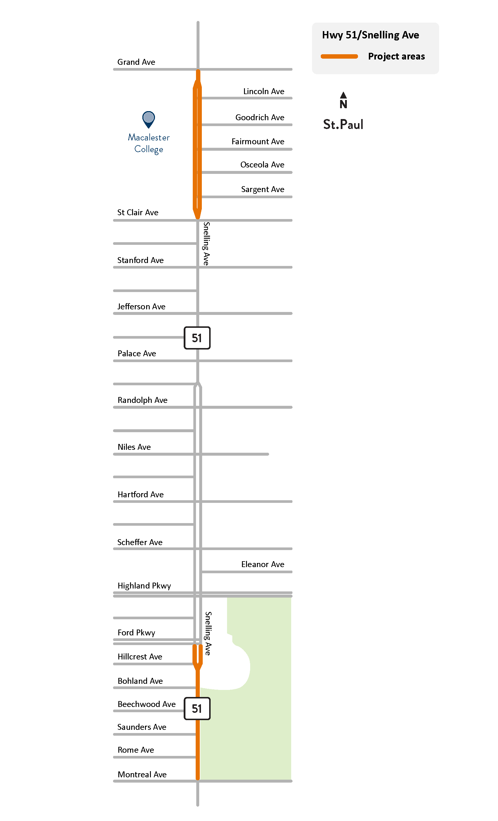 Highway 51/Snelling Avenue between Montreal Avenue and Ford Parkway and between Saint Clair Avenue and Grand Avenue in Saint Paul project area map