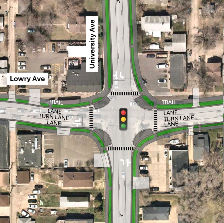 Lowry Avenue Northeast intersection shifted to the south. This would include sidewalk and trail improvements that provide more space for pedestrians, as well as more space for freight vehicles to safely turn within the intersection.