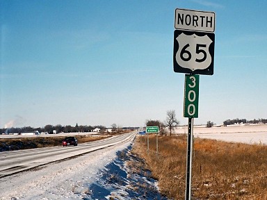 The 300.0 mile reference post on U.S. Highway 65 North, just north of the Iowa-Minnesota state border