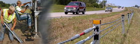 Collage of workers installing a post and an example of a barrier system in the median of a highway.